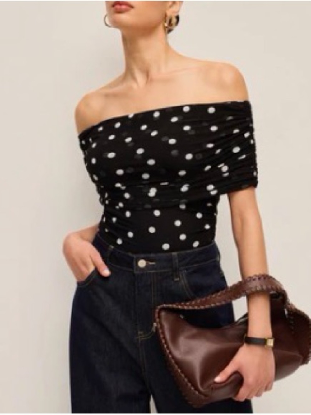 Commense Black Off-Shoulder Polka Dot Bodysuit